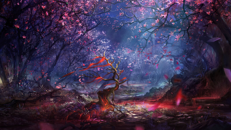 Cherry blossom forest at dusk