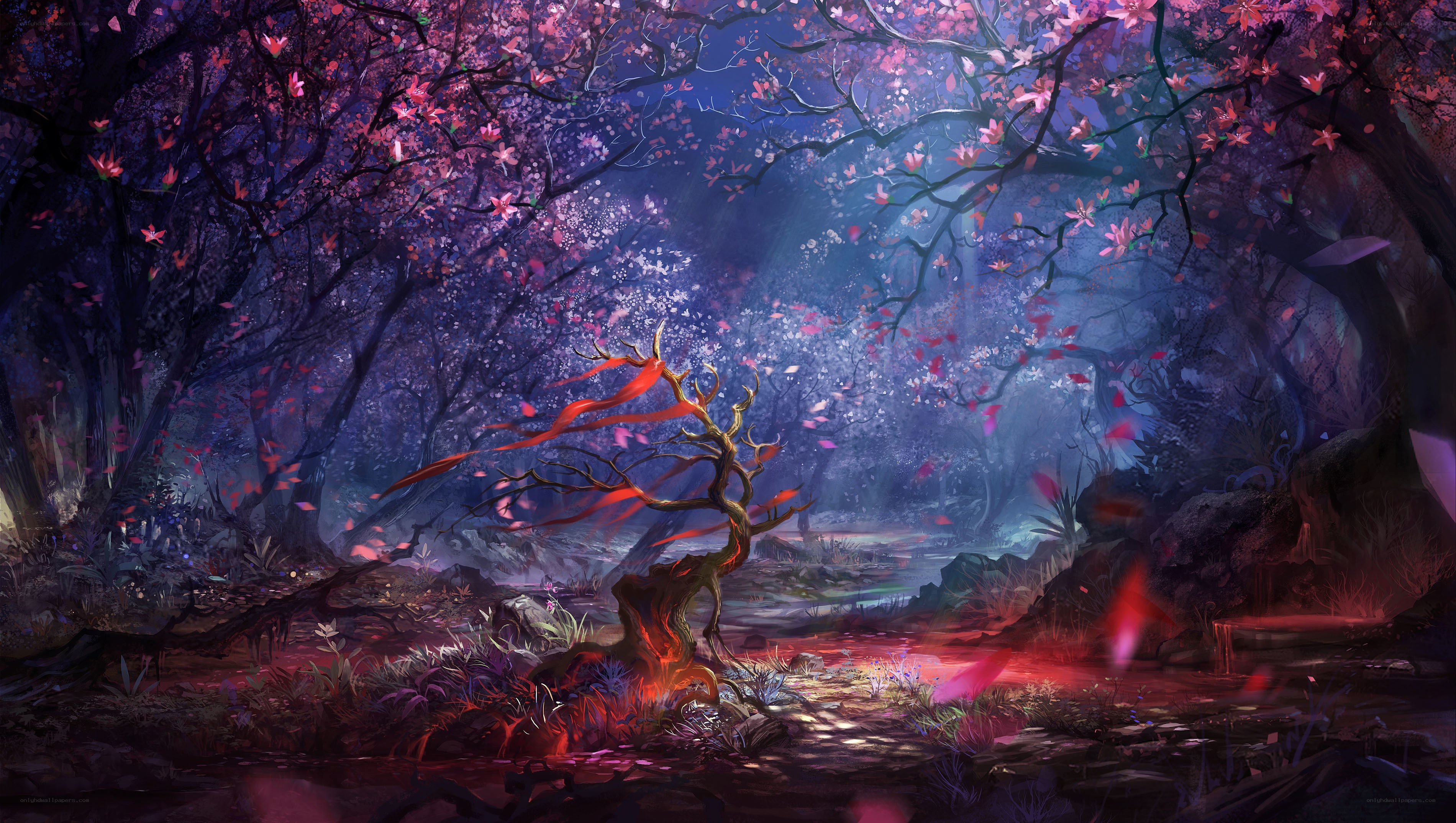 Cherry blossom forest at dusk