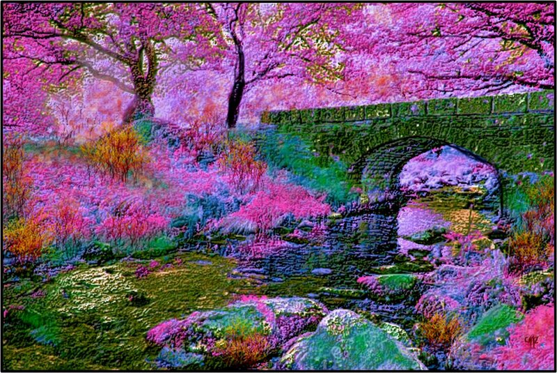 Cherry Blossom Garden — Pink, Serene, Spring, Digital Art, Bridge