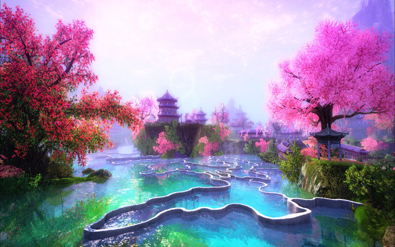 Cherry Blossom Garden — Pink, Serene, Spring, Digital Art, Trees, River