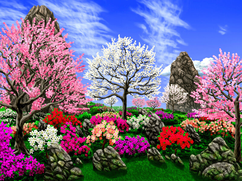 Cherry Blossom Garden — Pink, Serene, Spring, Digital Art, Trees