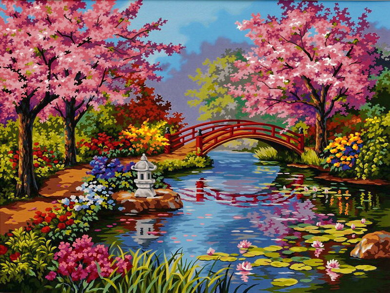 Cherry Blossom Garden — Pink, Serene, Spring, Painting, Bridge