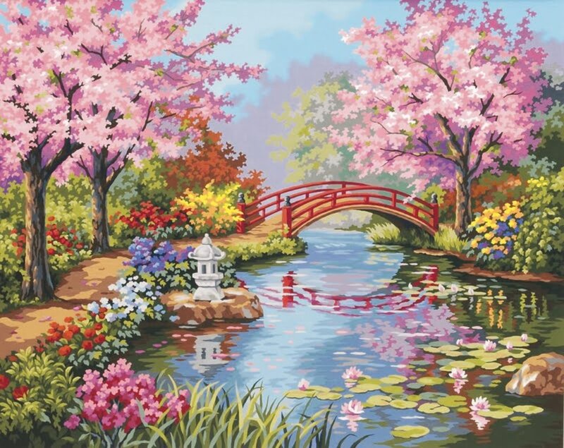 Cherry Blossom Garden — Pink, Serene, Spring, Painting