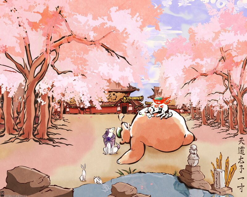 Cherry blossom garden with mythical creatures