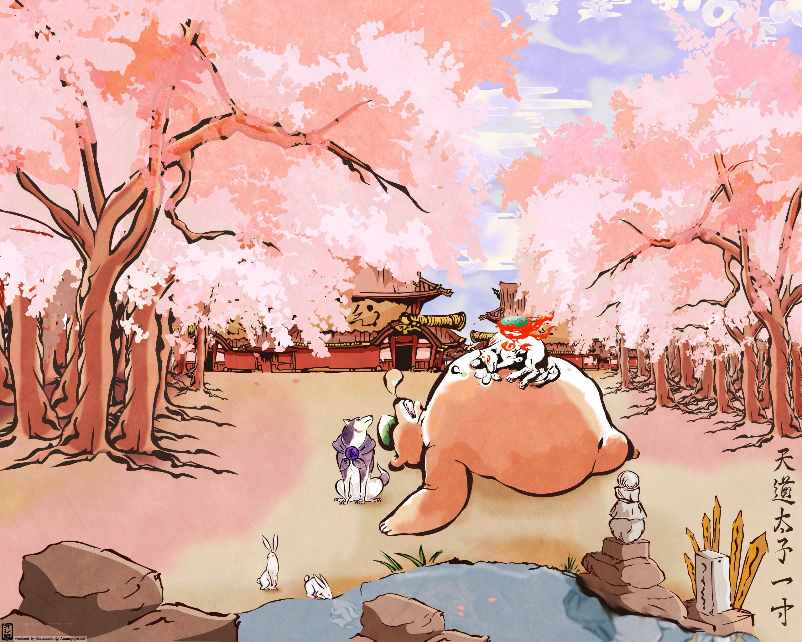 Cherry blossom garden with mythical creatures