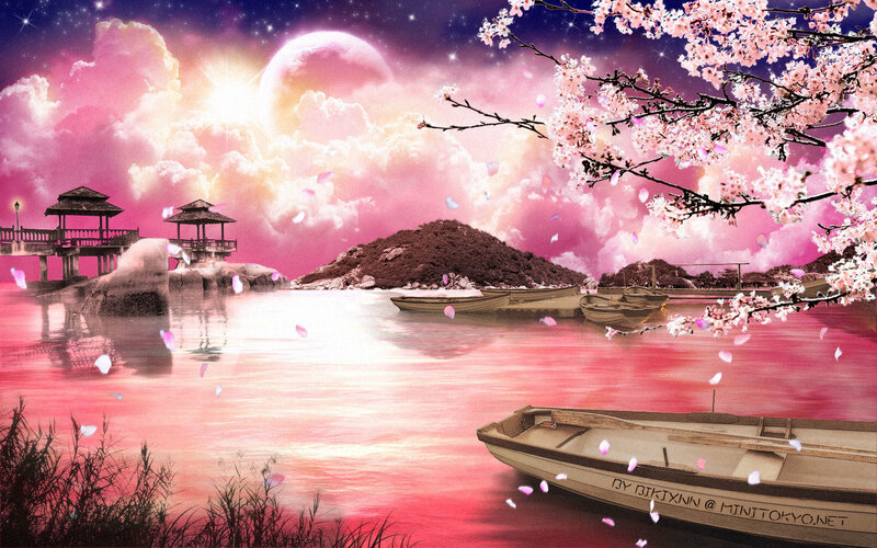 Cherry Blossom Lake Scene — Pink