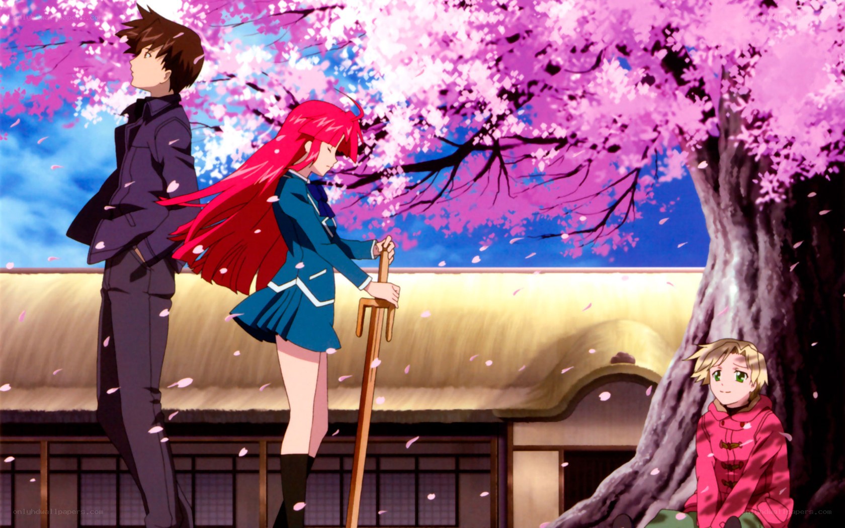 Cherry blossom scene with three characters