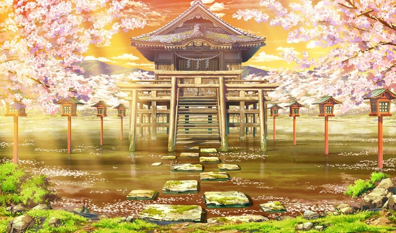 Cherry blossom shrine at sunset