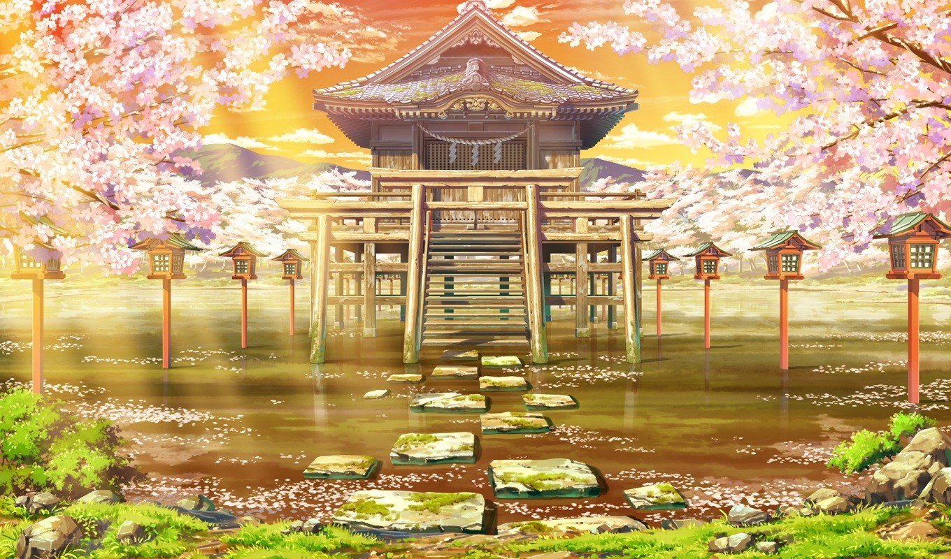 Cherry blossom shrine at sunset