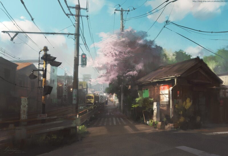 Cherry Blossom Street — Blue, Serene, Spring