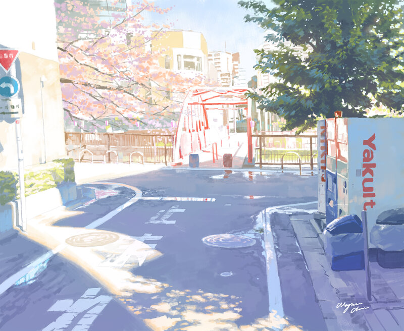 Cherry Blossom Street Scene — Blue
