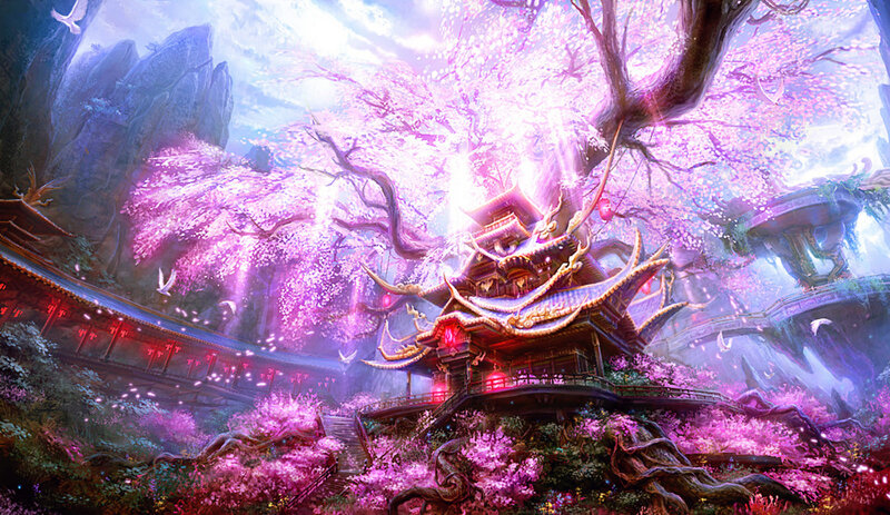 Cherry Blossom Temple — Pink, Serene, Spring, Digital Art