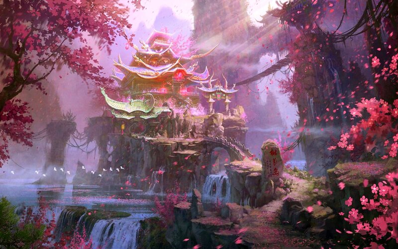 Cherry Blossom Temple — Pink, Serene, Spring, Digital Art, Waterfall, Bridge