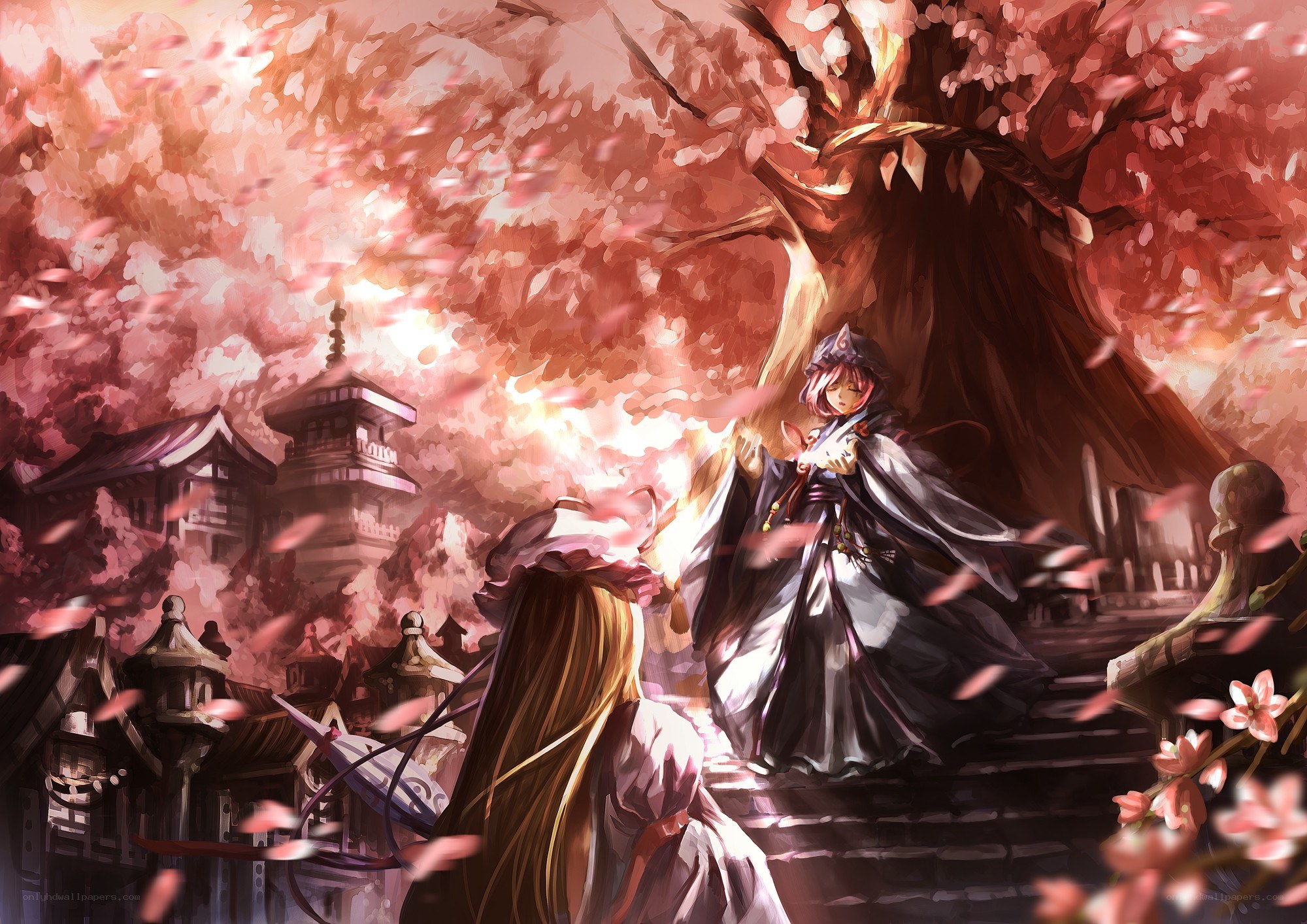 Cherry blossom temple scene