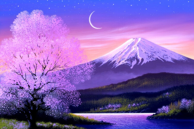 Cherry Blossom Tree and Mountain — Purple
