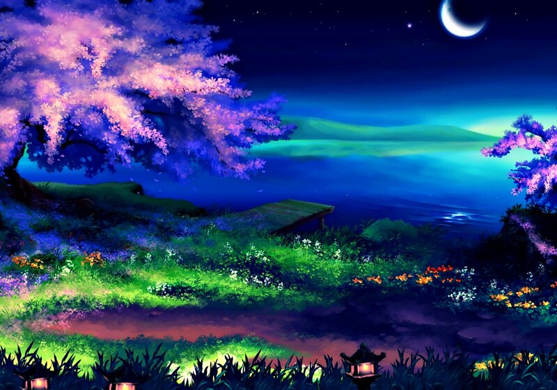 Cherry Blossom Tree at Night — Blue, Serene, Digital Art