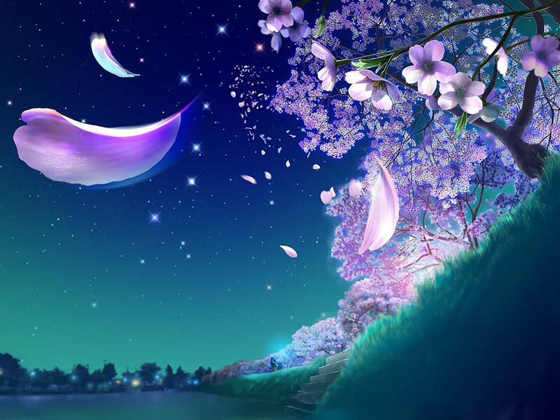 Cherry Blossom Tree at Night — Purple, Serene, Digital Art, Flowers, Petals