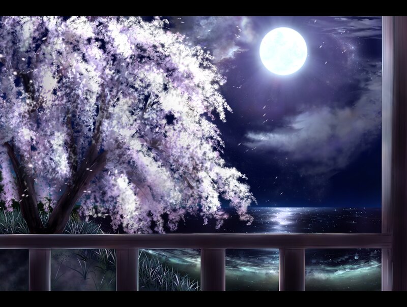 Cherry Blossom Tree at Night — Purple, Serene, Digital Art, Moon