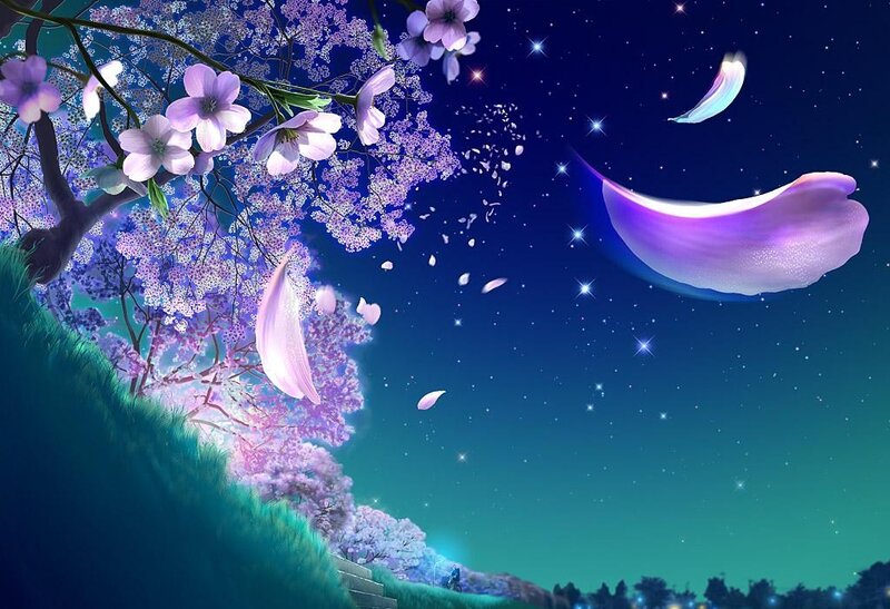Cherry Blossom Tree at Night — Purple, Serene