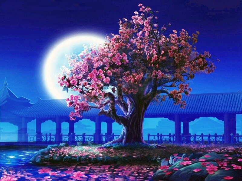 Cherry Blossom Tree — Blue, Serene, Night, Digital Art, Moon, Pagoda, Water