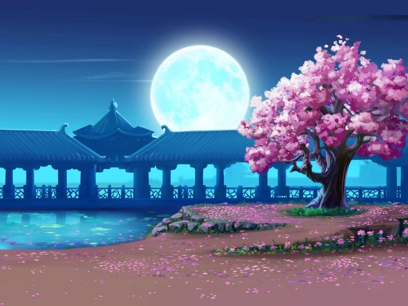 Cherry Blossom Tree — Blue, Serene, Night, Digital Art, Moon
