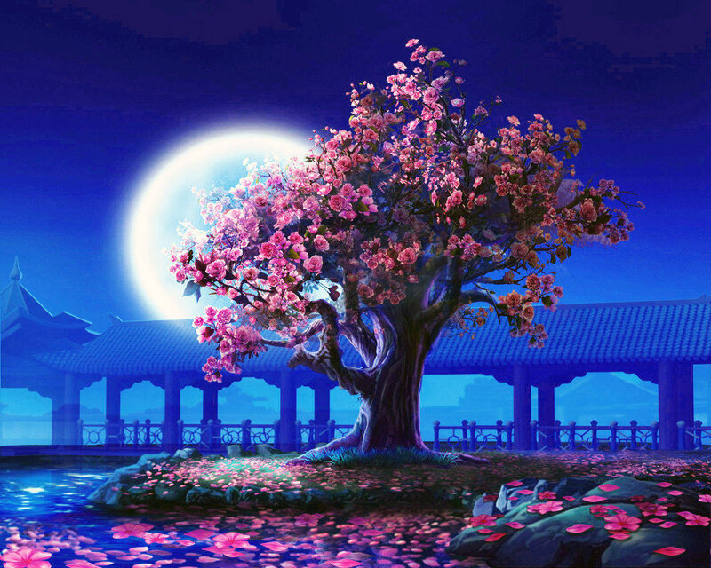 Cherry Blossom Tree — Blue, Serene, Night, Digital Art