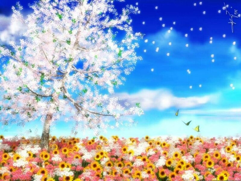 Cherry Blossom Tree — Blue, Serene, Spring, Digital Art, Flowers