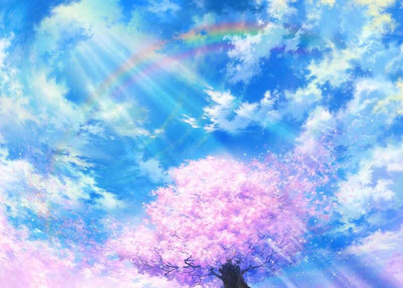 Cherry Blossom Tree — Blue, Serene, Spring, Digital Art, Rainbow, Clouds, Stars