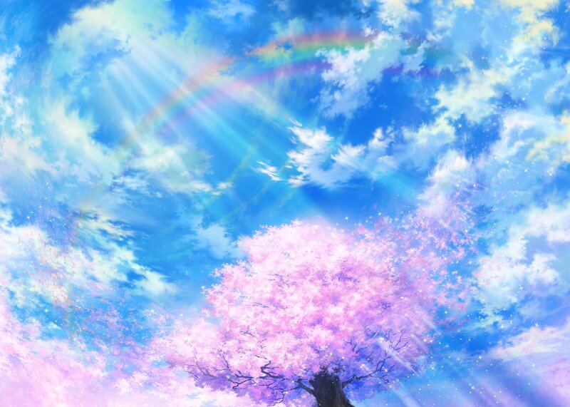 Cherry Blossom Tree — Blue, Serene, Spring, Digital Art, Rainbow, Clouds