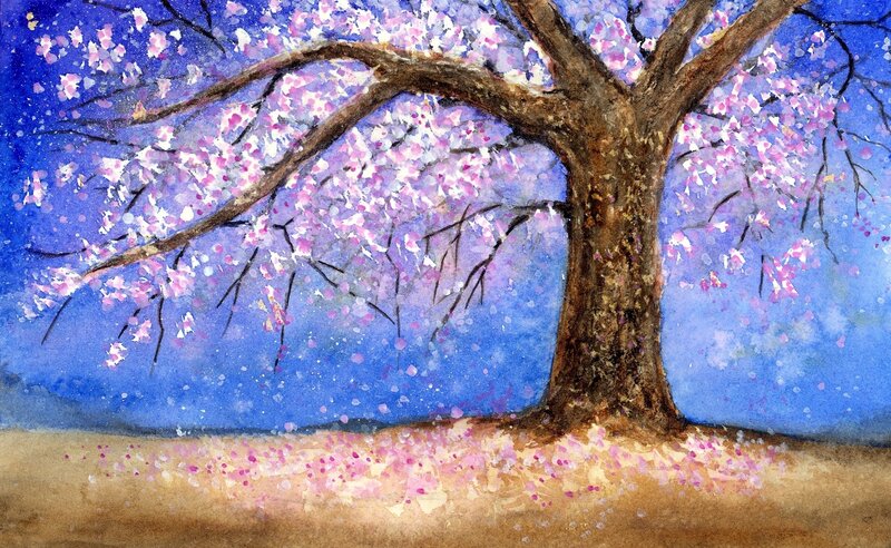 Cherry Blossom Tree — Blue, Serene, Spring, Painting, Flowers