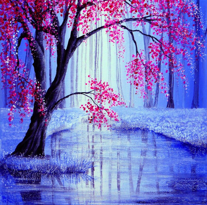 Cherry Blossom Tree — Blue, Serene, Spring, Painting