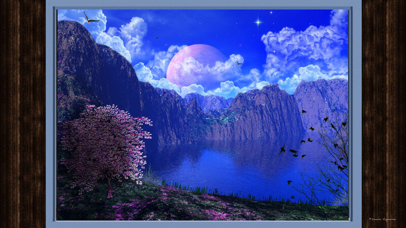 Cherry Blossom Tree by Lake — Blue, Serene