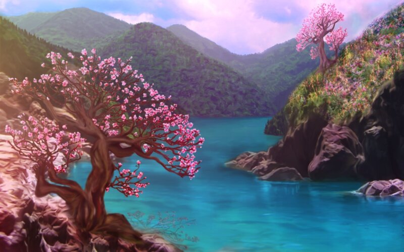 Cherry Blossom Tree by Lake — Blue