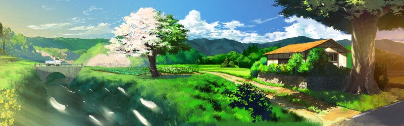 Cherry Blossom Tree by River — Green