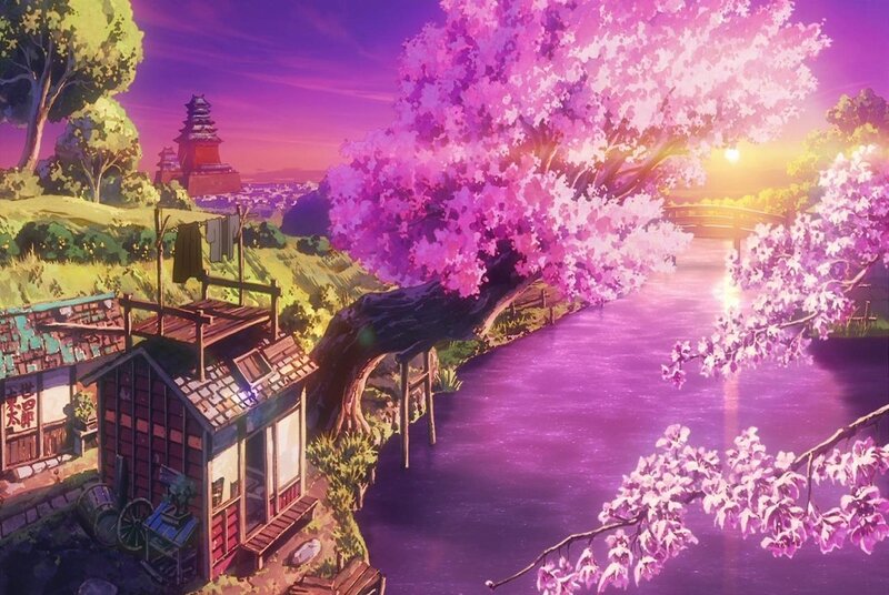 Cherry Blossom Tree by River — Purple