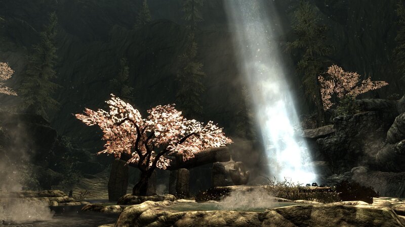 Cherry Blossom Tree — Green, Serene, Spring, 3d Render, Waterfall