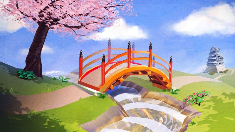 Cherry Blossom Tree — Green, Serene, Spring, Digital Art, Bridge