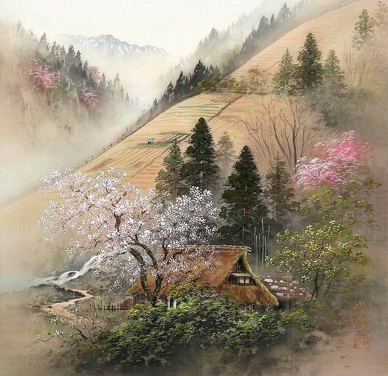 Cherry Blossom Tree — Green, Serene, Spring, Painting