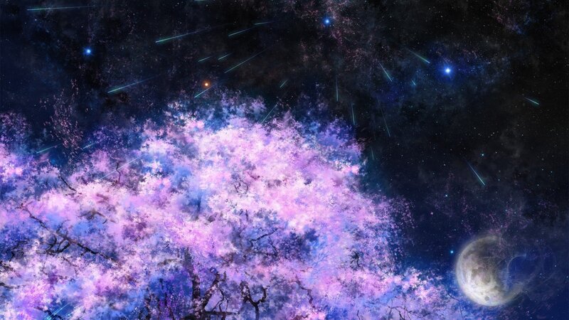Cherry Blossom Tree in Space — Purple, Dreamy, Night