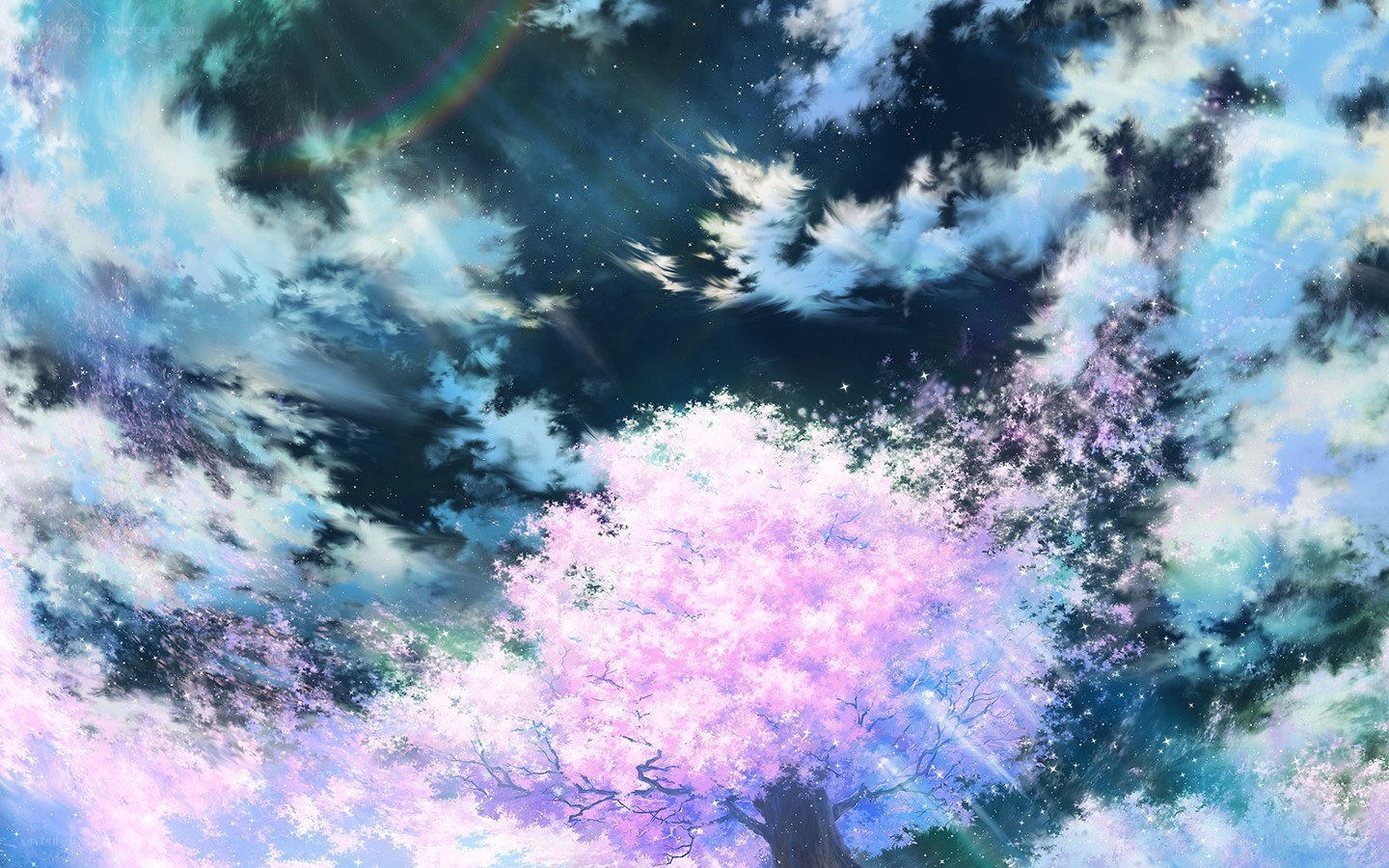 Cherry blossom tree in starry sky