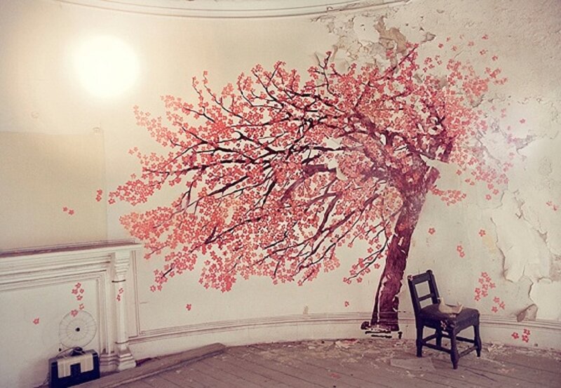 Cherry Blossom Tree Mural — Red