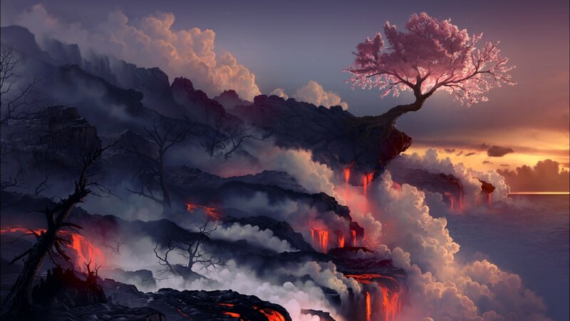 Cherry Blossom Tree on Cliff — Purple, Dramatic, Sunset, Digital Art, Lava Flow, Smoke