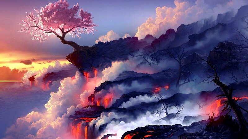 Cherry Blossom Tree on Cliff — Purple, Dramatic, Sunset, Digital Art, Lava Flow