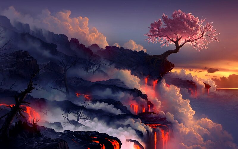 Cherry Blossom Tree on Cliff — Purple, Dramatic, Sunset, Digital Art, Lava