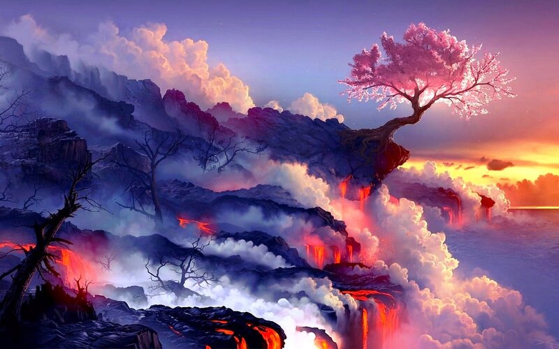 Cherry Blossom Tree on Cliff — Purple, Dramatic, Sunset, Digital Art, Volcano