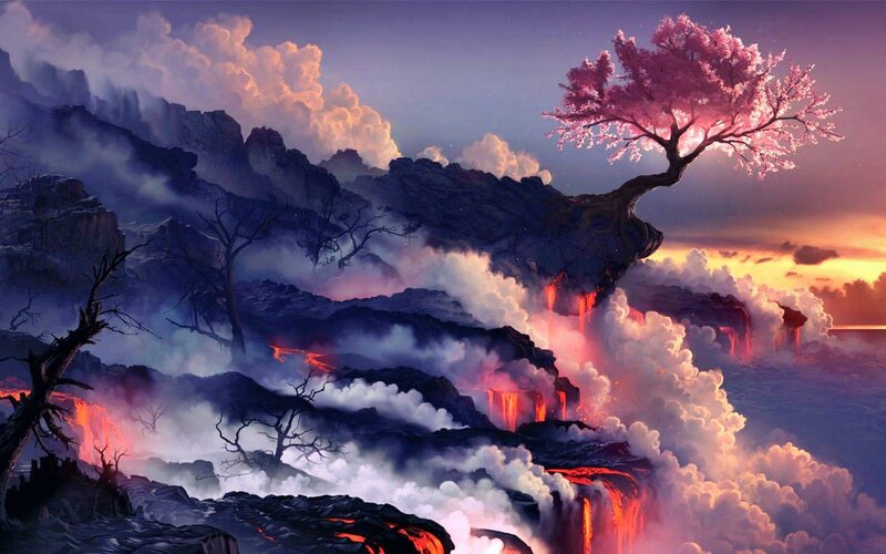 Cherry Blossom Tree on Cliff — Purple, Dramatic, Sunset