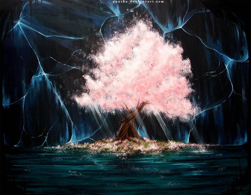 Cherry Blossom Tree — Pink, Dramatic, Night, Digital Art