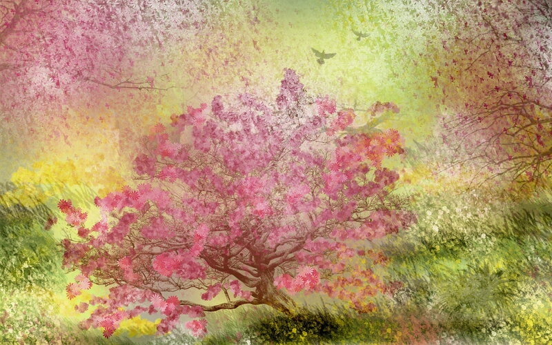 Cherry Blossom Tree — Pink, Serene, Spring, Digital Art, Birds, Flowers
