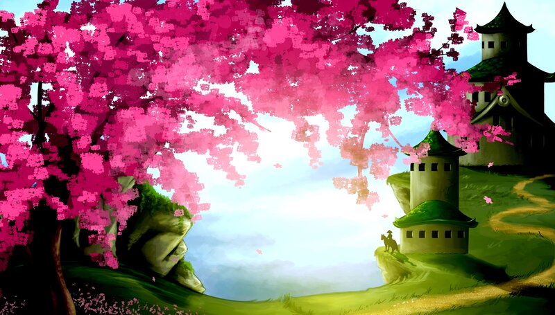 Cherry Blossom Tree — Pink, Serene, Spring, Digital Art, Castle