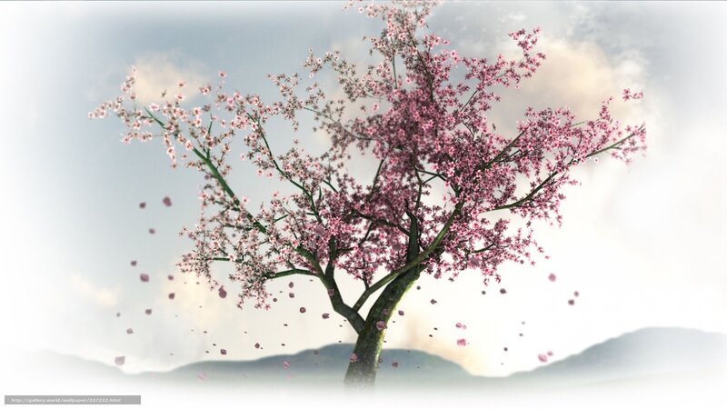 Cherry Blossom Tree — Pink, Serene, Spring, Digital Art, Flowers, Mountains